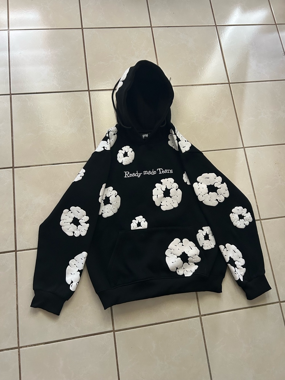 Black Hoodie with White Floral Ring Print